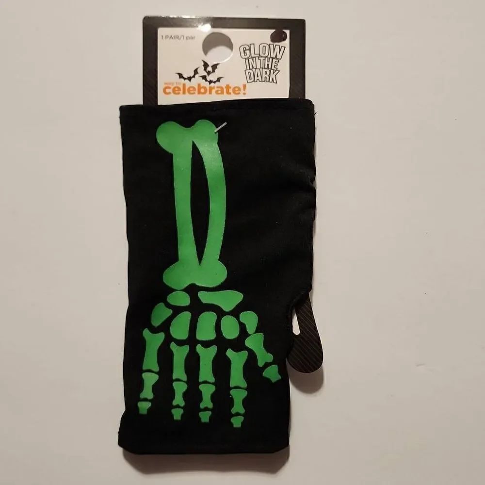 Celebrate 1Pair Glow in The Dark Fingerless Gloves Black with Green Skeleton Han